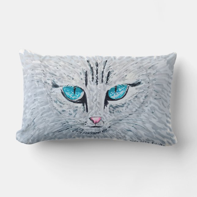 Coussin Rectangle Chat Fluffy aux Yeux Bleus (Recto)