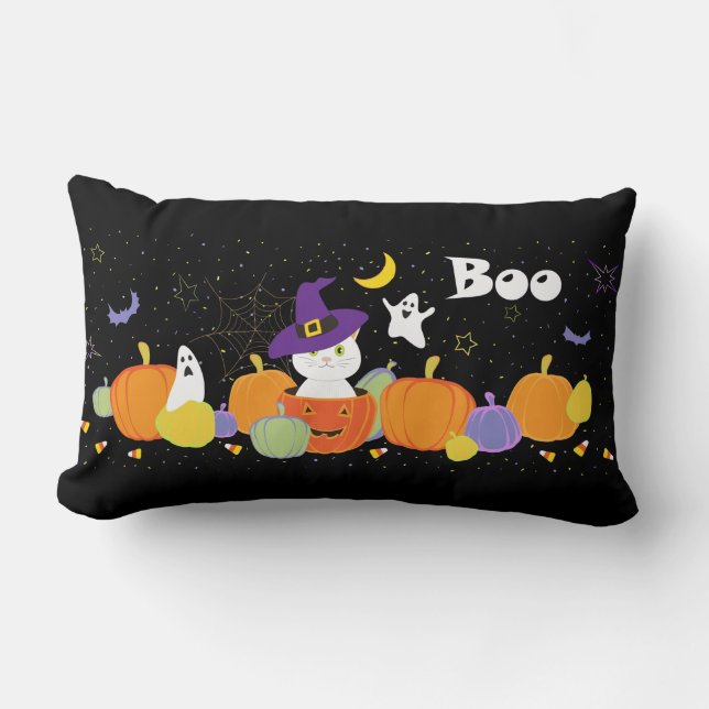 Coussin Rectangle Chat mignon d'Halloween en Casquette sorcier (Recto)