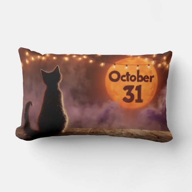 Coussin Rectangle Chat noir avec "31 octobre" Lune d'Halloween (Recto)