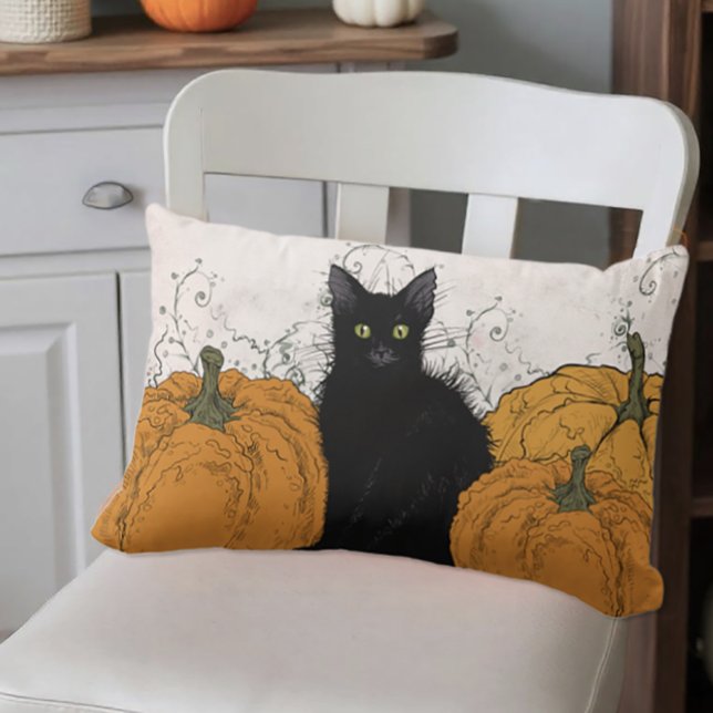 Coussin Rectangle Chat noir et Citrouille automne (Black cat and pumpkins throw pillow)