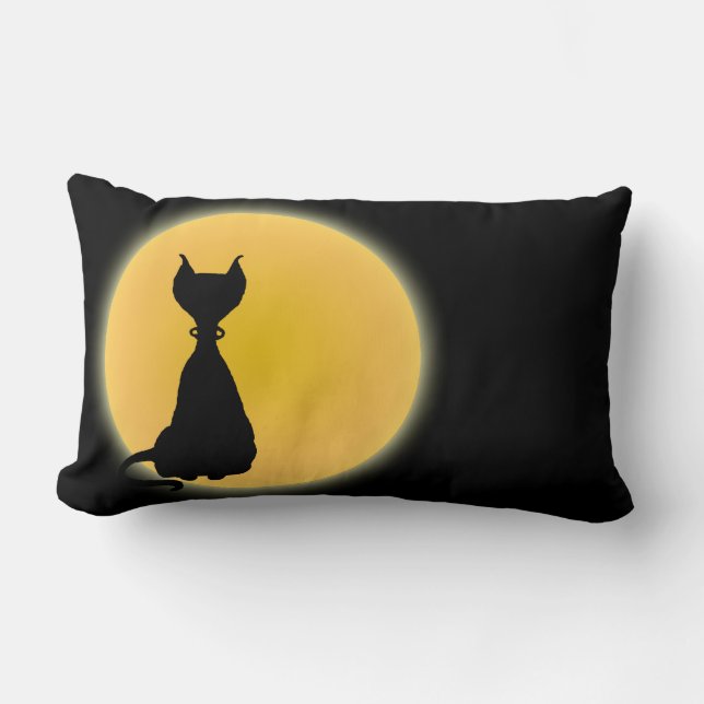 Coussin Rectangle Chat noir et lune jaune Halloween Art (Recto)