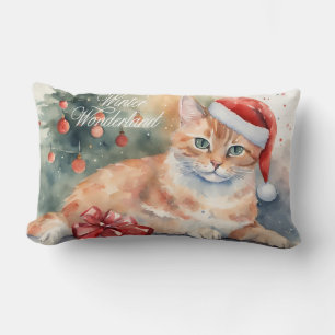 Coussin Rectangle Chat orange de Noël à l'aquarelle de Santa Hat