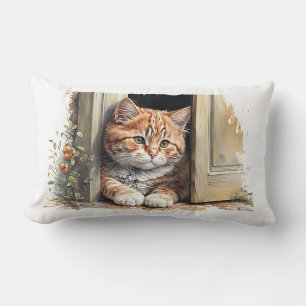 Coussin Rectangle Chat roux à l'aquarelle dans l'encadrement d'une p