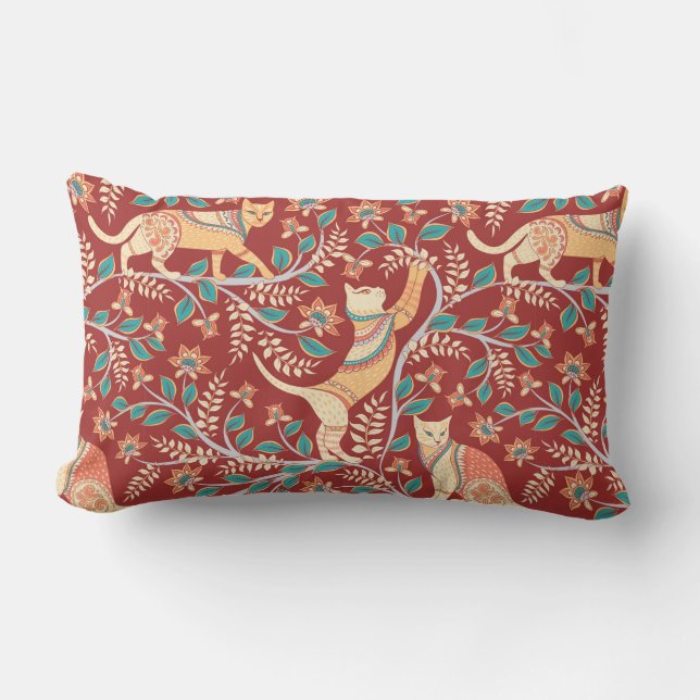 Coussin Rectangle Chats avec ornements, branches avec fleurs et feui (Recto)