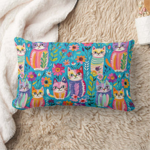 Coussin Rectangle Chats et fleurs colorés Whimsical Happy