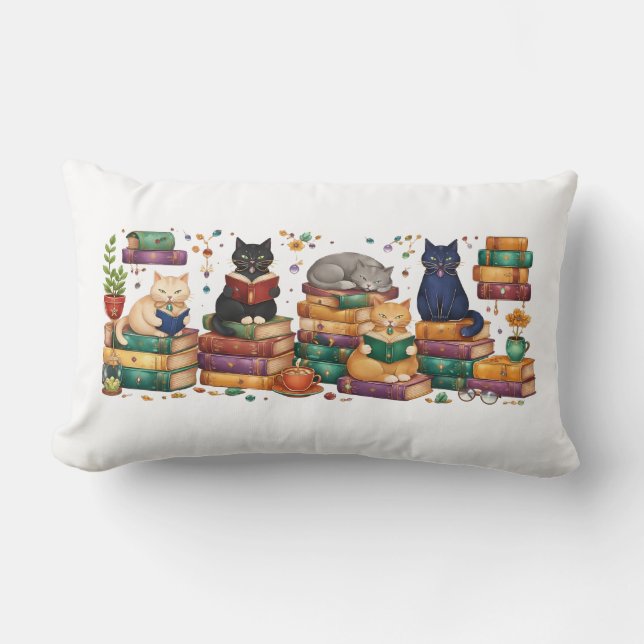 Coussin Rectangle Chats lisant des livres Scène de bibliothèque cosy (Recto)