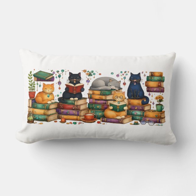 Coussin Rectangle Chats lisant des livres Scène de bibliothèque cosy (Recto)