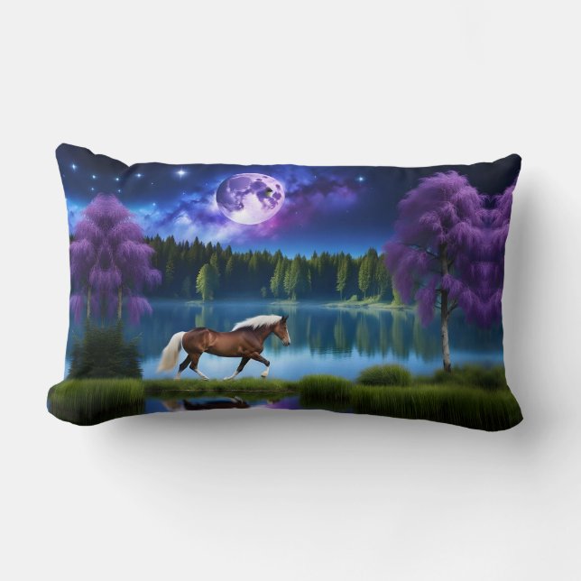 Coussin Rectangle Cheval belge Palomino sous ciel étoilé violet (Recto)