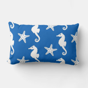 Coussin Rectangle Cheval de mer et poisson d'eau - blanc sur bleu co