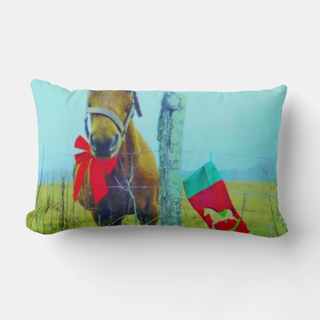 Coussin Rectangle Cheval de Noël rétro avec Stocker et Arc rouge (Recto)