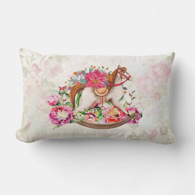 Coussin Rectangle Cheval rocheux victorien et Poinsettia Noël (Recto)