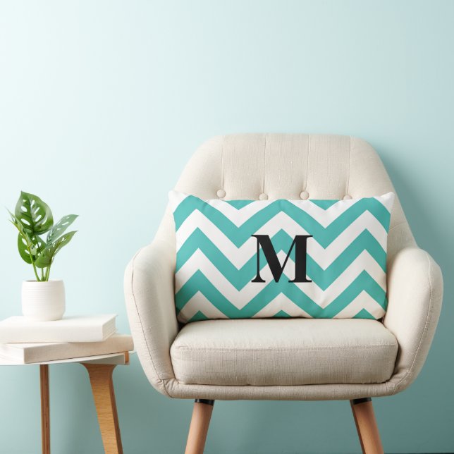 Coussin Rectangle Chevron bleu avec Monogramme (Chaise)