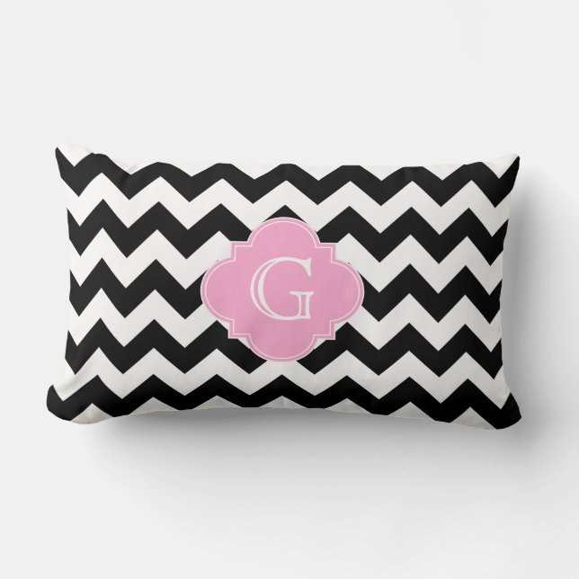 Coussin Rectangle Chevron Noir Blanc Monogramme Quatrefeuilles Rose (Recto)