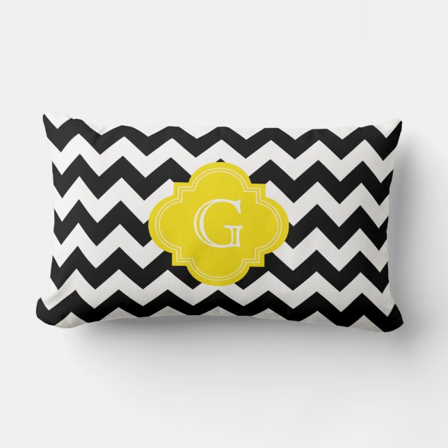 Coussin Rectangle Chevron Zig-Zag Noir Blanc Monogramme Jaune (Recto)