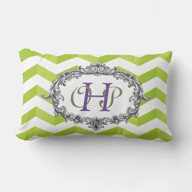 Coussin Rectangle Chevrons verts et blancs et cadre ovale avec monog (Recto)