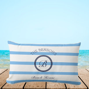 Coussin Rectangle Chic Blue Stripes Monogram Family Beach House