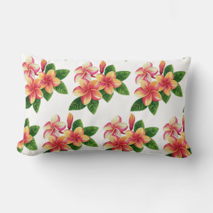 Coussin Rectangle Chic Boho Fleurs Tropicales Roses sur Fond Blanc