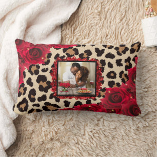 Coussin Rectangle Chic Floral Rose rouge Empreinte de léopard Votre 
