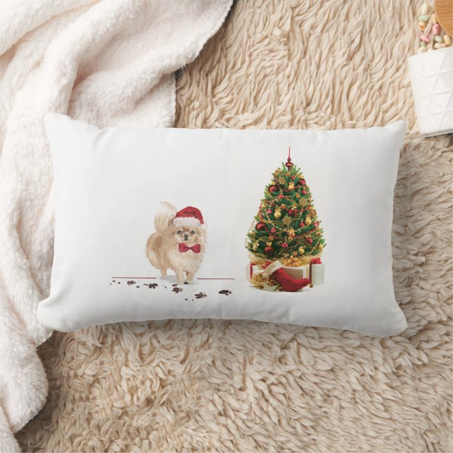 Coussin Rectangle Chien de Noël poméranien drôle avec arbre (Couverture)
