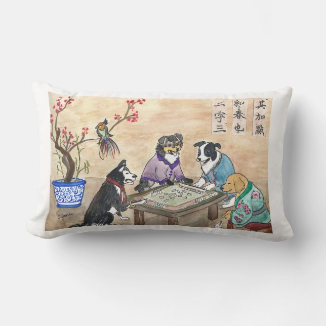 Coussin Rectangle Chiens du Mahjong - jaune (Recto)