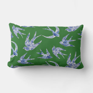 Coussin Rectangle Chinoiserie Chic Floral Birds Blue Green Swallows
