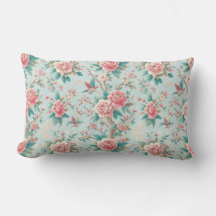 Coussin Rectangle Chinoiserie Elegant Rose et Aqua Floral Bird