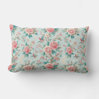 Coussin Rectangle Chinoiserie Elegant Rose et Aqua Floral Bird