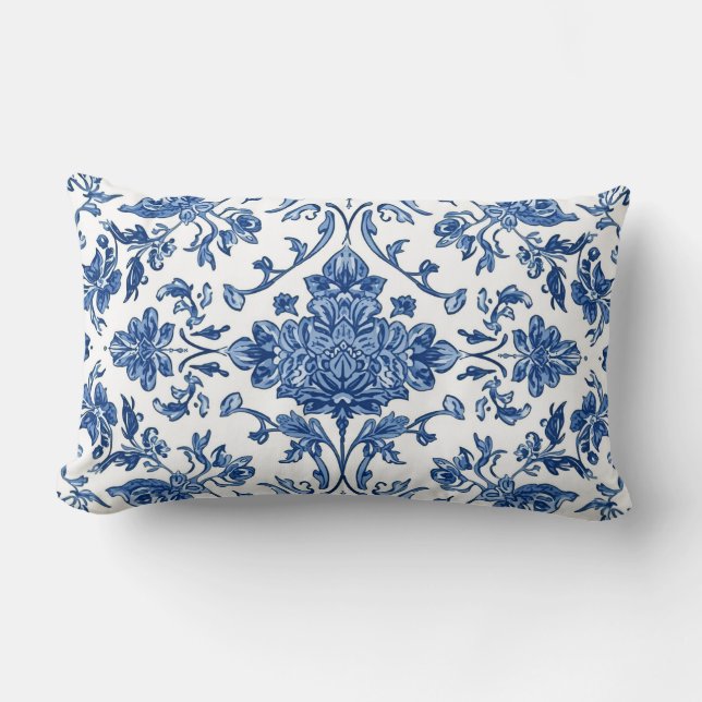 Coussin Rectangle Chinoiserie florale bleue aquarelle blanche (Recto)