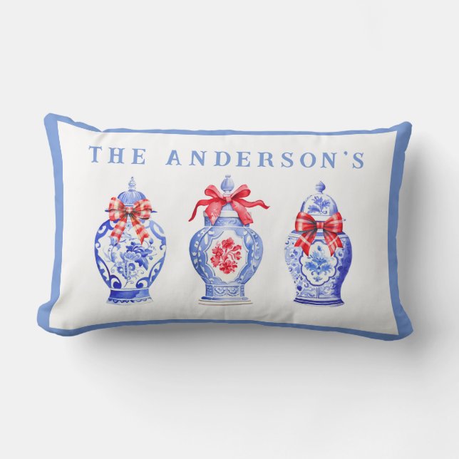 Coussin Rectangle Chinoiserie Ginger Jar Avec Bow Rouge (Recto)