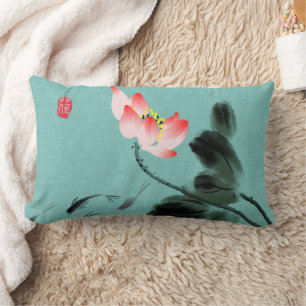 Coussin Rectangle Chinoiserie Poisson à fleurs Lotus à l'eau libre