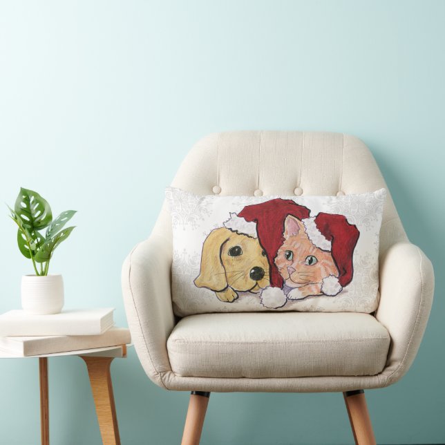 Coussin Rectangle Chiot Labrador de Noël mignon et chat tigré orange (Chaise)