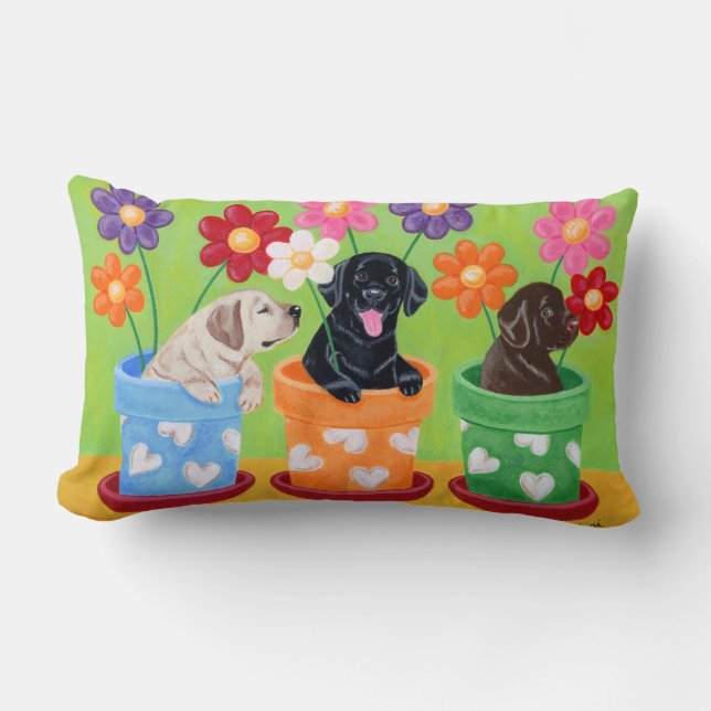 Coussin Rectangle Chiots de Labrador de pot de fleur (Recto)
