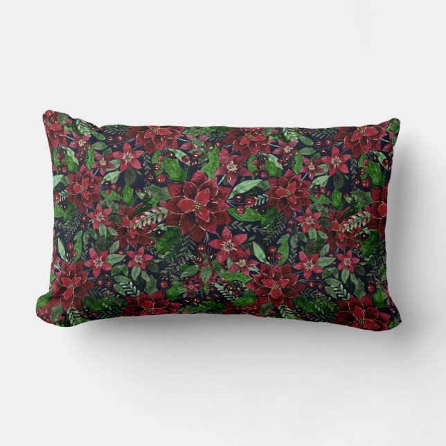 Coussin Rectangle Christmas Burgundy Poinsettia Flowers Watercolor (Recto)