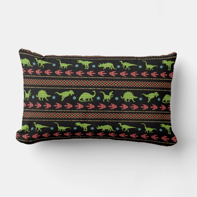 Coussin Rectangle Christmas Dinosaurs Knit Embroidered Fair Isle (Recto)