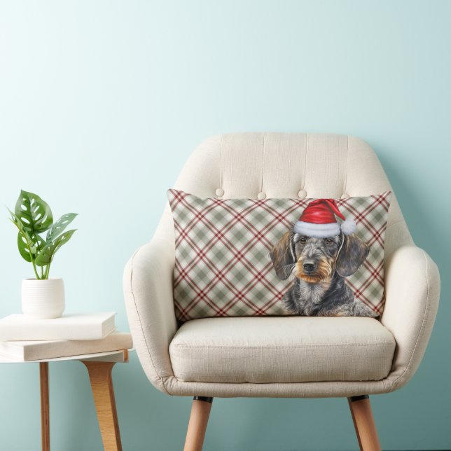 Coussin Rectangle Christmas Dog Lover Wire Coated Dachshund Plaid (Chaise)