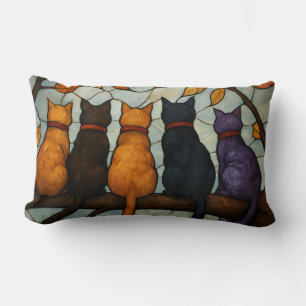 Coussin Rectangle Cinq chats sur une branche d'arbre de style vitrai