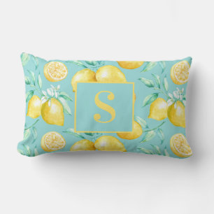 Coussin Rectangle Citron jaune mignon Motif sur Monogramme bleu clai