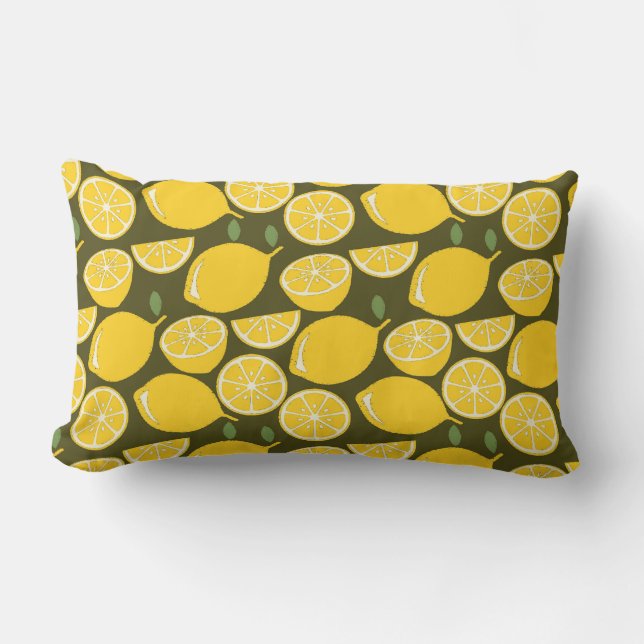 Coussin Rectangle Citrons jaunes et motif vert olive : Citrus modern (Recto)
