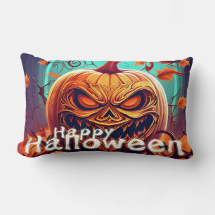 Coussin Rectangle Citrouille orange effrayante avec visage, Hallowee