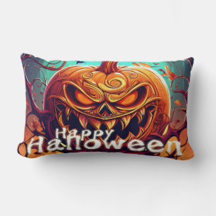 Coussin Rectangle Citrouille orange effrayante avec visage, Hallowee