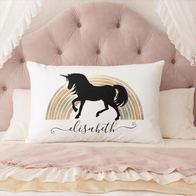 Coussin Rectangle Classé Chic Luxe Noir Et Or Rainbow Unicorn (Créateur téléchargé)
