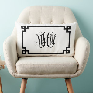 Coussin Rectangle Clé grecque noire et blanche Vigne Monogramme Scri