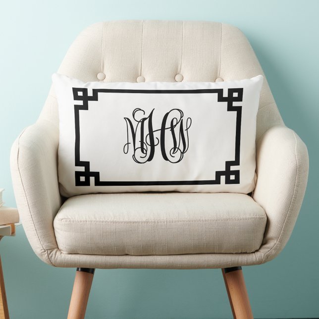 Coussin Rectangle Clé grecque noire et blanche Vigne Monogramme Scri (Créateur téléchargé)