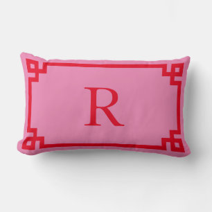 Coussin Rectangle Clé grecque rose et rouge Monogramme