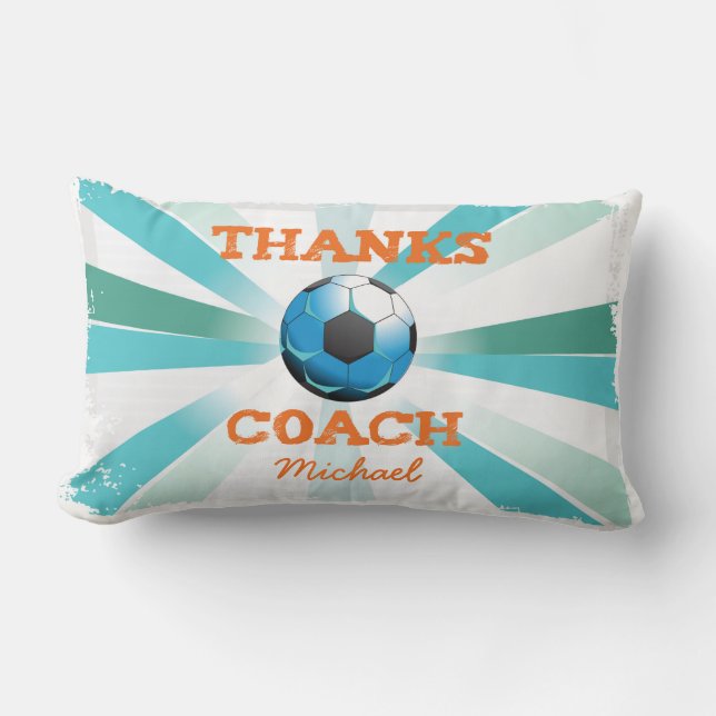 Coussin Rectangle Coach de football Merci, Orange sur Turquoise, Sta (Recto)
