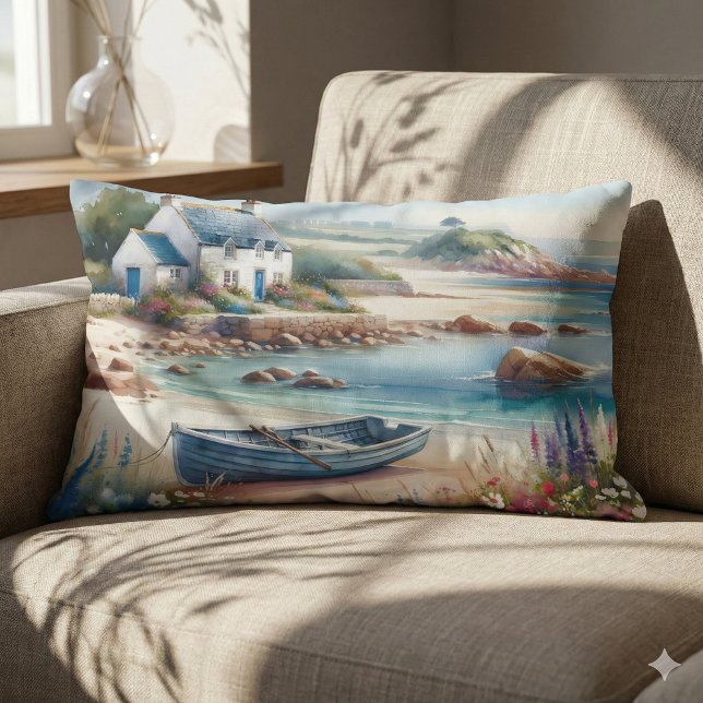 Coussin Rectangle Coastal Cottage Seaside Rowboat Bloom (Coastal Cottage Seaside Rowboat Bloom Lumbar Pillow Mockup A)