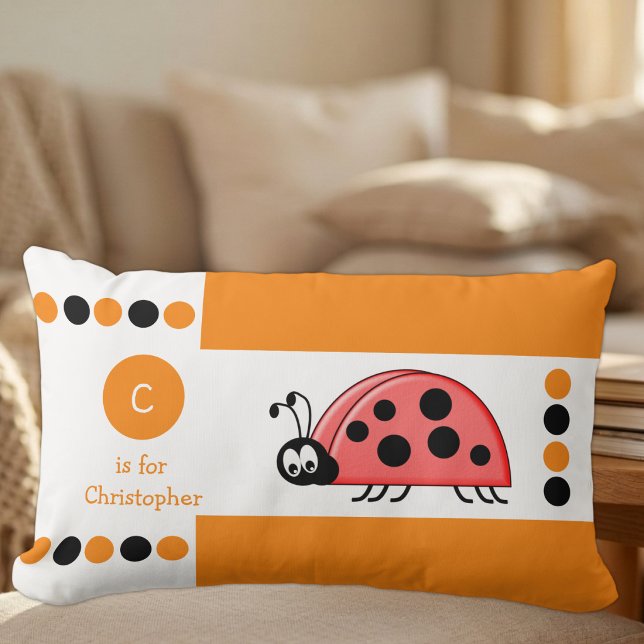 Coussin Rectangle Coccinelle orange et blanche monogramme pour enfan (Créateur téléchargé)