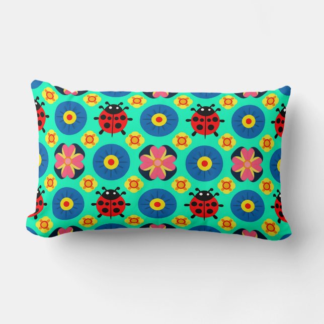 Coussin Rectangle Coccinelles et fleurs colorées (Recto)