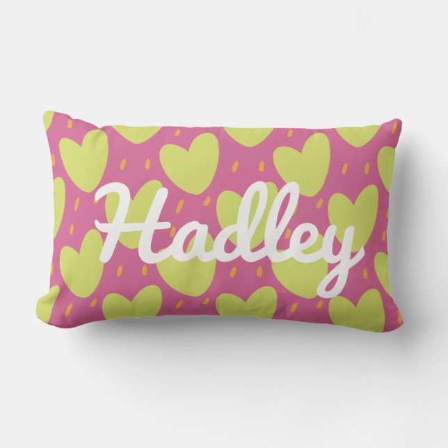 Coussin Rectangle Coeurs joueurs vibreux, rose et vert Nom (Recto)