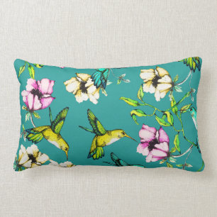 Coussin Rectangle Colibris et fleurs enchantés d'aquarelle de jardi